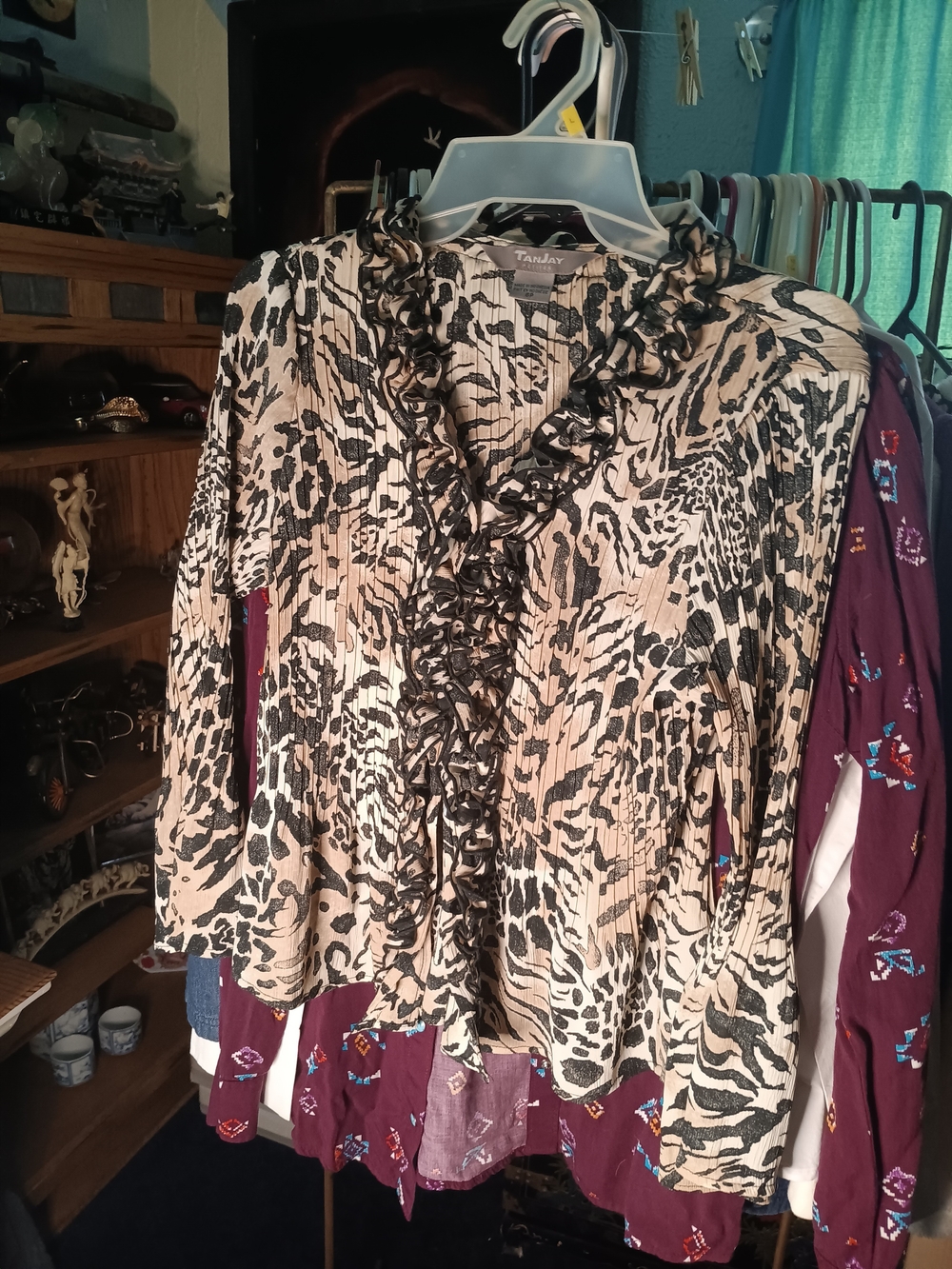 Tandor Ruffle-Trim Animal Print Blouse in Beige and Black